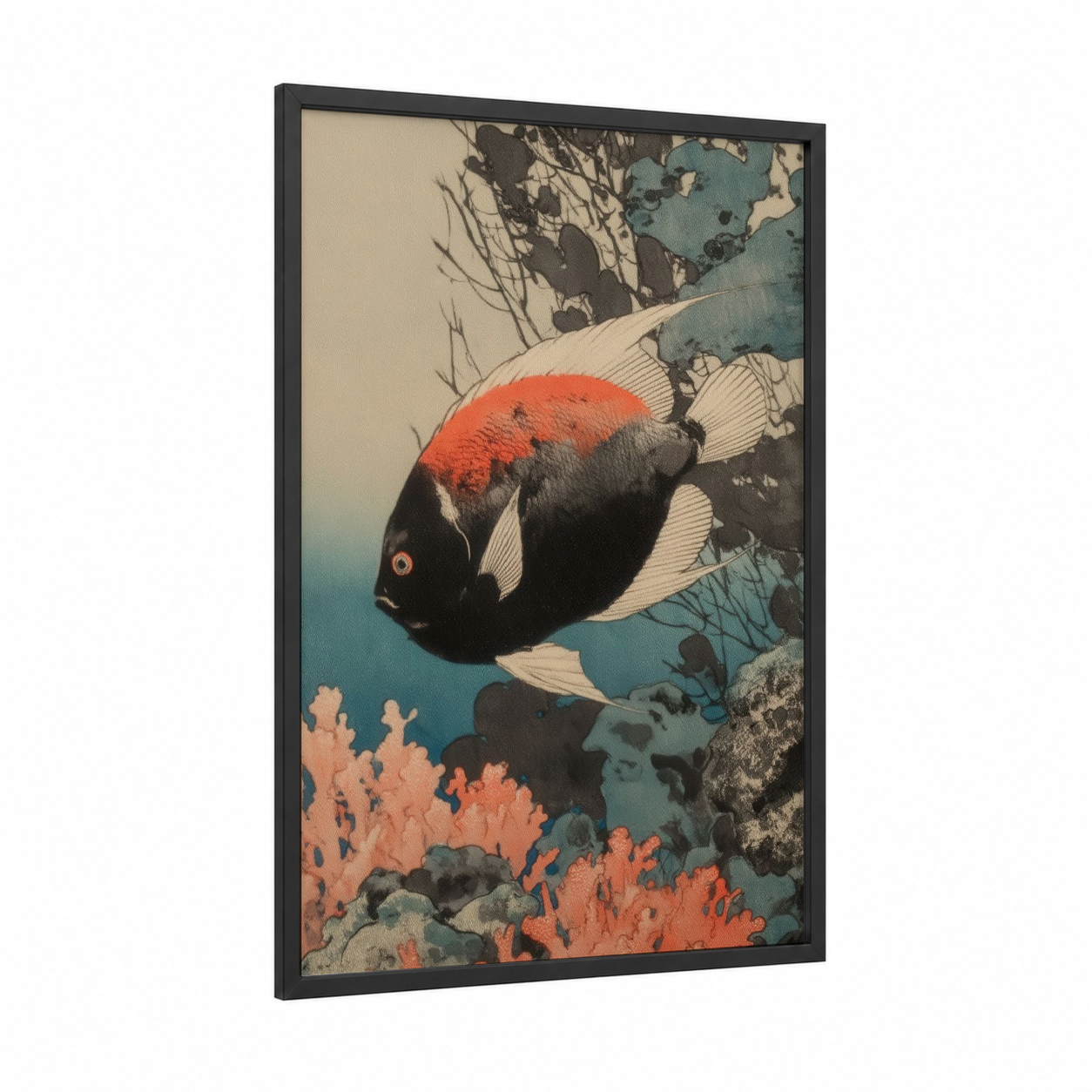 Coral Reef Angel framed angel fish print — black wood frame — teal and red palette