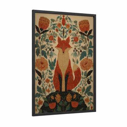 Botanical Fox framed art print — black wood frame — russet and teal palette