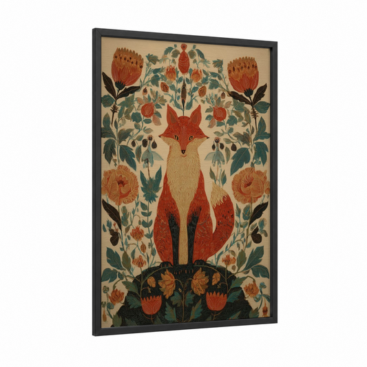 Botanical Fox framed art print — black wood frame — russet and teal palette