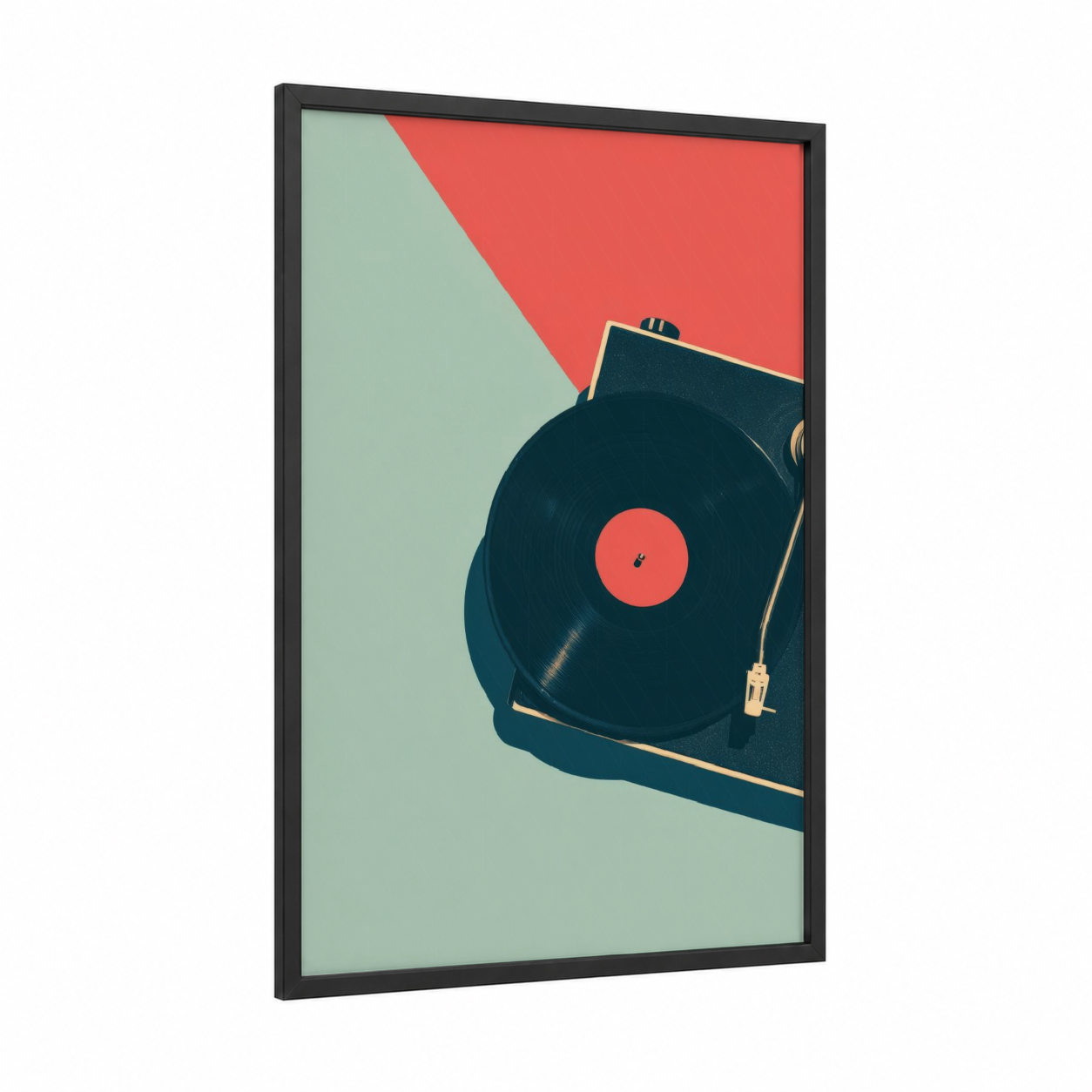 Vintage Turntable framed vinyl records print — black wood frame — dark blue and salmon pink palette