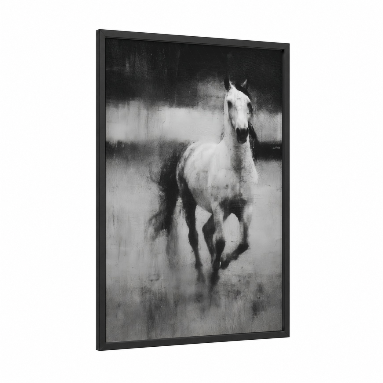Galloping Andalusian framed andalusian horse print — black wood frame — black and white palette