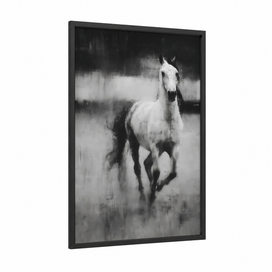 Galloping Andalusian framed andalusian horse print — black wood frame — black and white palette