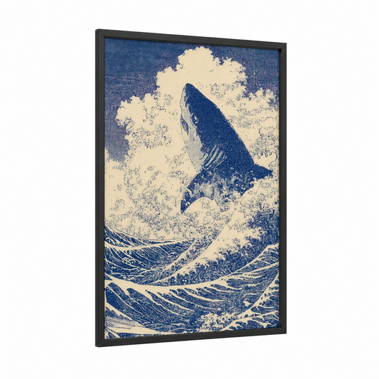 Cresting Basking Shark framed art print — black wood frame — blue and white and dark blue palette