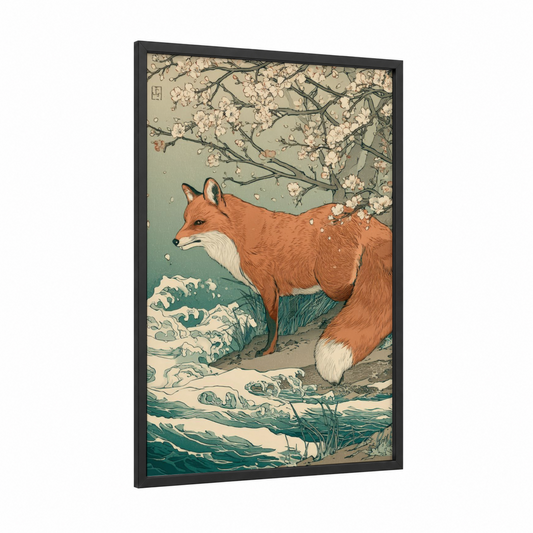 Cherry Blossom Fox framed art print — black wood frame — sage green and cream palette