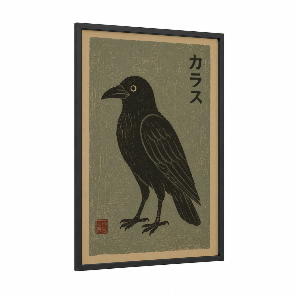 Japanese Crow Woodblock Wall Art framed crows and ravens print — black wood frame — black and beige palette