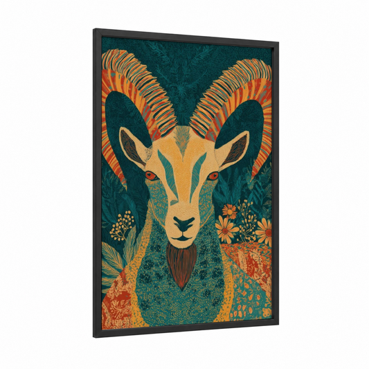 Golden Capricorn framed art print — black wood frame — gold and teal palette