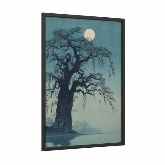 Moonlit Baobab framed baobab tree print — black wood frame — teal and cream palette