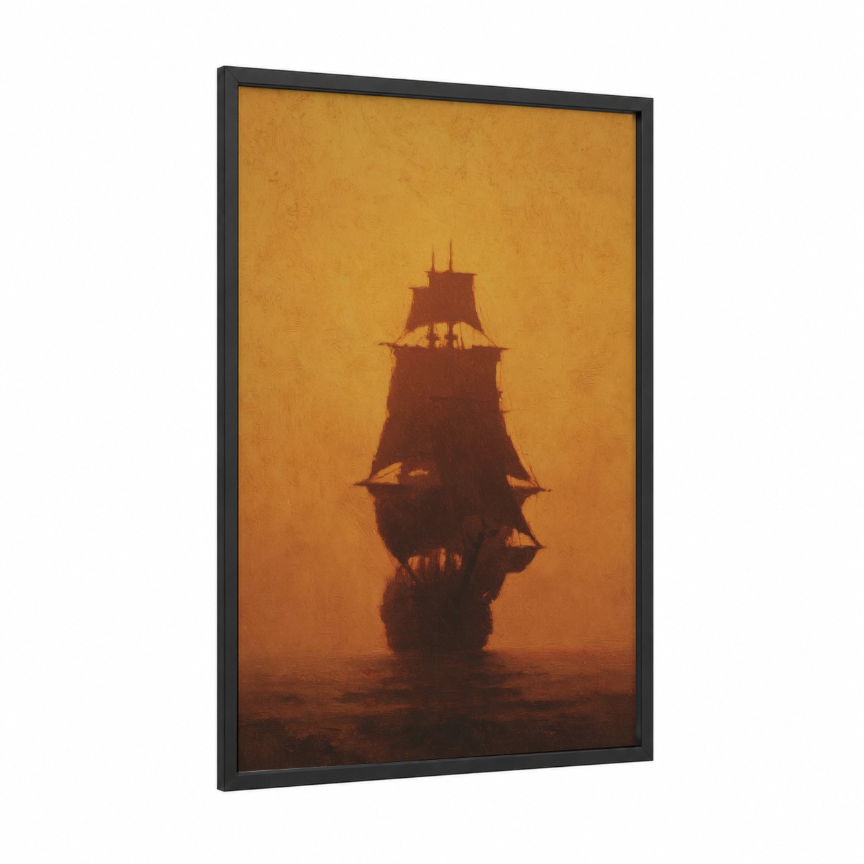 Golden Sunset Ship framed sailing print — black wood frame — gold and russet palette