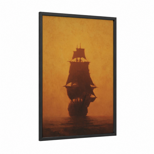 Golden Sunset Ship framed sailing print — black wood frame — gold and russet palette