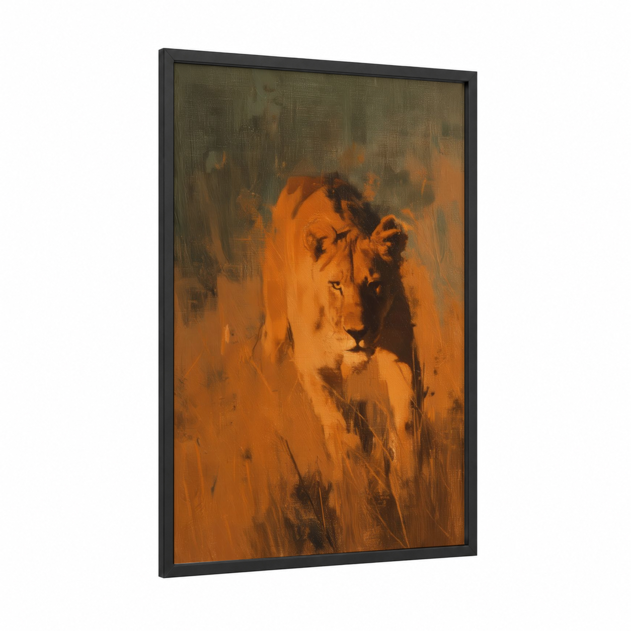 Golden Lion framed art print — black wood frame — gold and orange palette