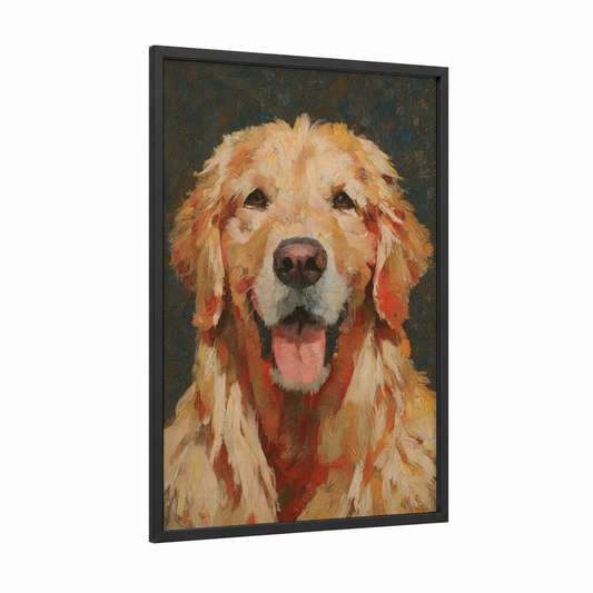 Golden Retriever Portrait framed art print — black wood frame — gold and olive palette