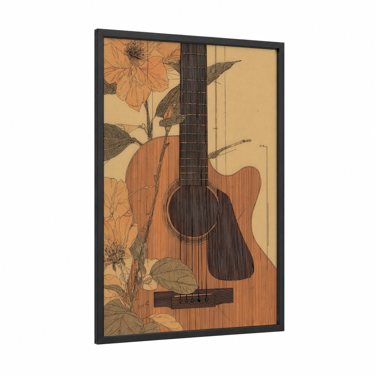 Botanical Guitar framed acoustic guitar print — black wood frame — gold and brown palette