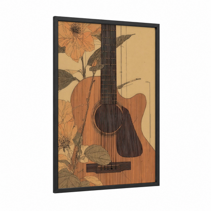 Botanical Guitar framed acoustic guitar print — black wood frame — gold and brown palette