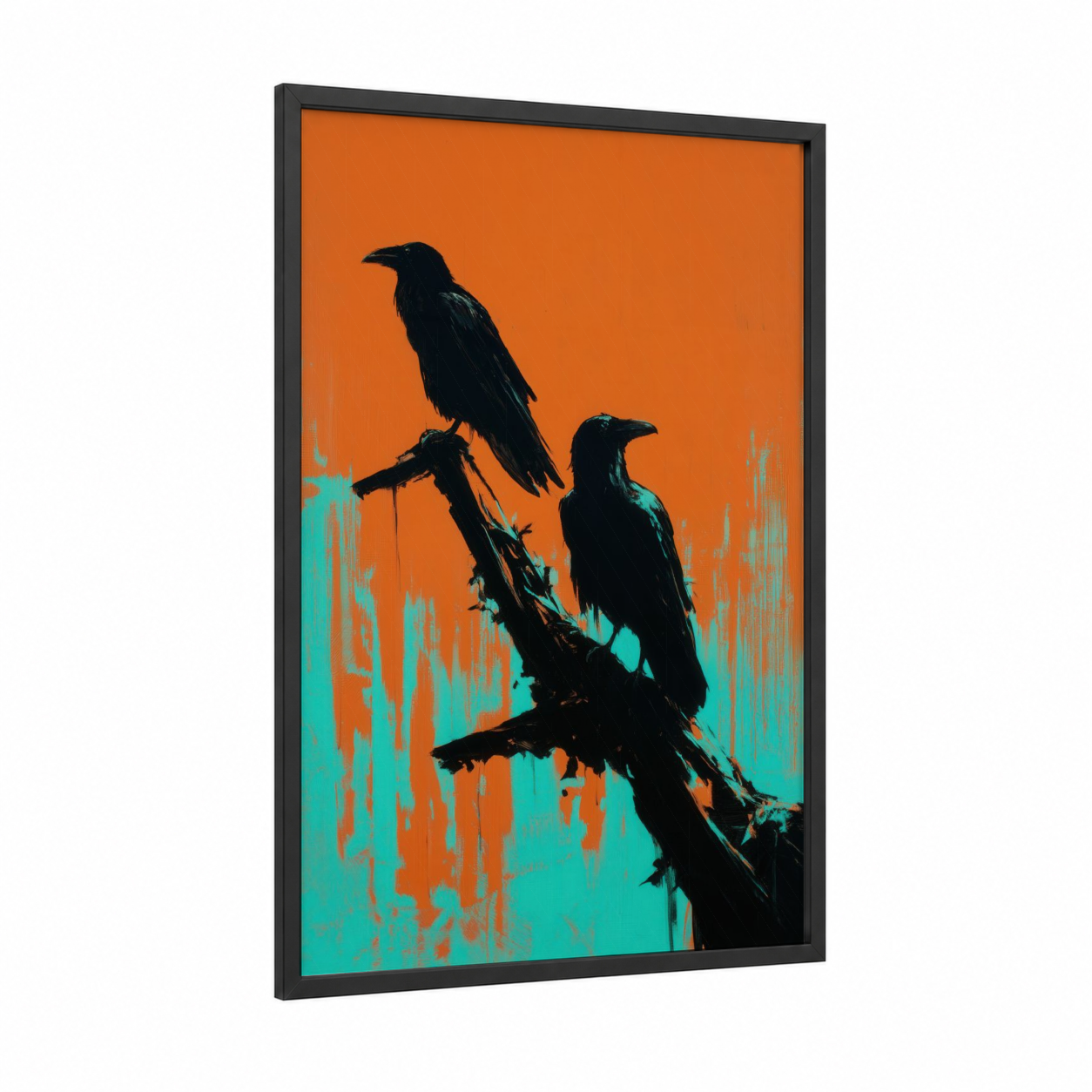 Neon Raven Pair framed crows and ravens print — black wood frame — orange and teal palette