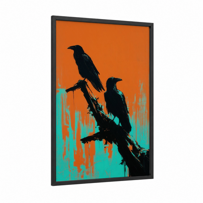 Neon Raven Pair framed crows and ravens print — black wood frame — orange and teal palette