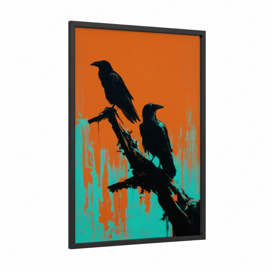 Neon Raven Pair framed crows and ravens print — black wood frame — orange and teal palette