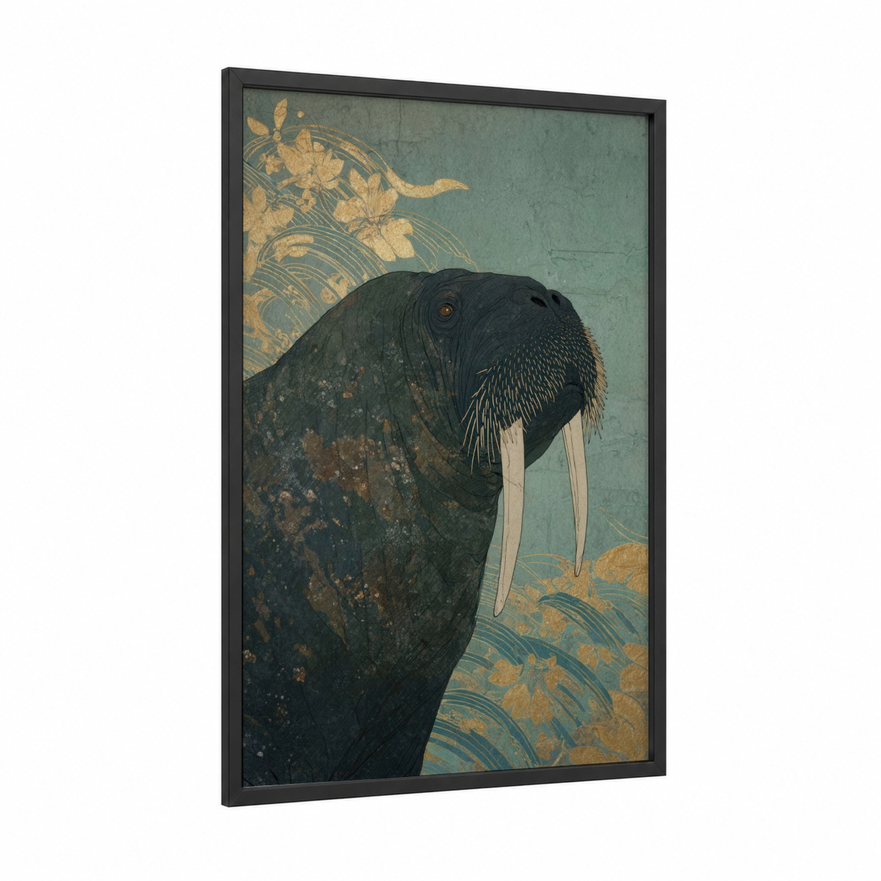 Golden Walrus framed art print — black wood frame — gold and teal palette