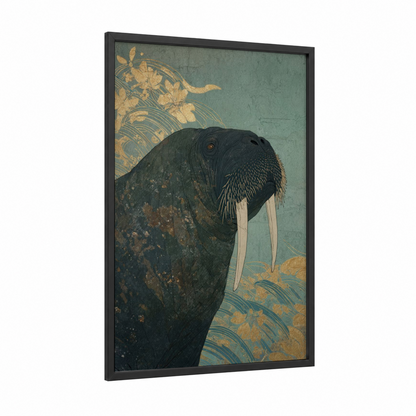 Golden Walrus framed art print — black wood frame — gold and teal palette