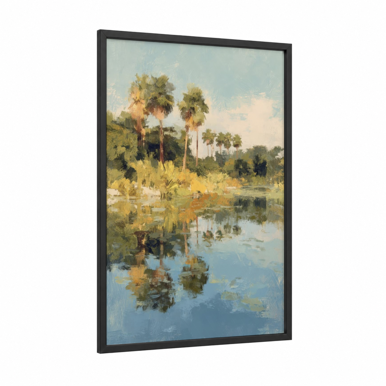 Tropical Palm Reflection framed palm forest print — black wood frame — light green and blue palette
