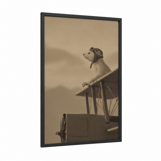 Aviator Weasel framed art print — black wood frame — beige and brown palette