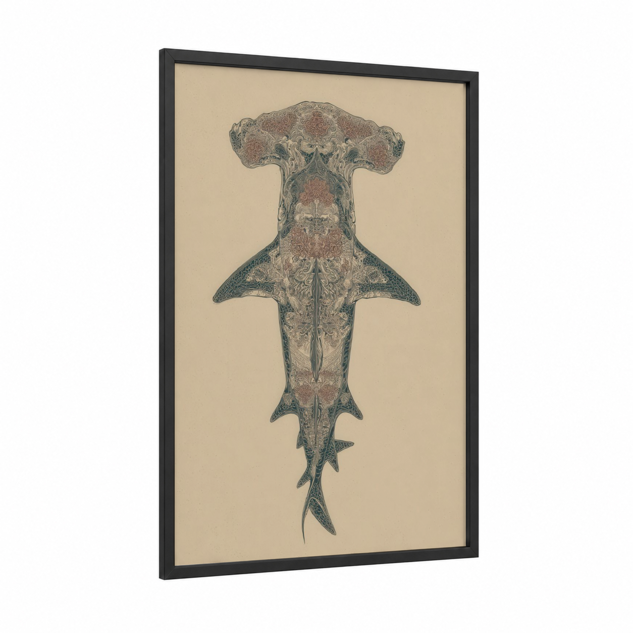 Ornate Hammerhead framed hammerhead shark print — black wood frame — cream and russet palette