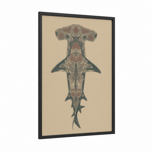 Ornate Hammerhead framed hammerhead shark print — black wood frame — cream and russet palette