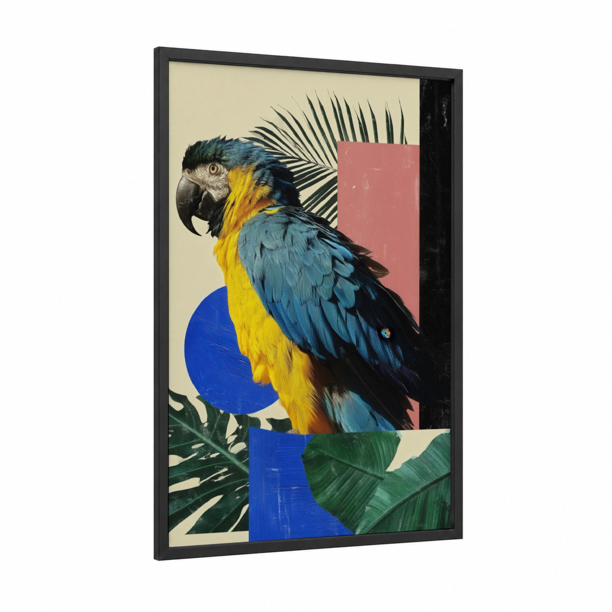 Blue Macaw Geometric framed safari parrots print — black wood frame — blue and yellow gold palette