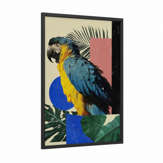 Blue Macaw Geometric framed safari parrots print — black wood frame — blue and yellow gold palette