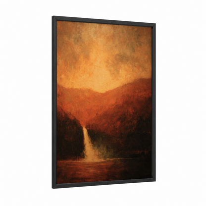 Golden Waterfall framed art print — black wood frame — gold and russet palette