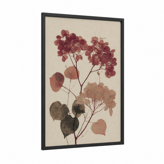 Pressed Hydrangea framed art print — black wood frame — cream palette