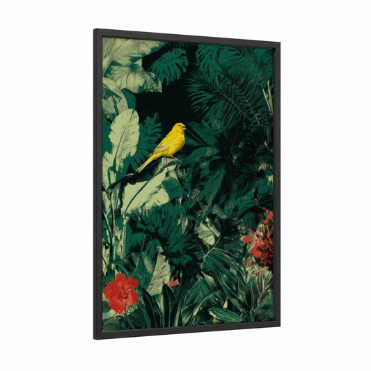 Golden Canary Jungle framed canaries print — black wood frame — true green and yellow gold palette