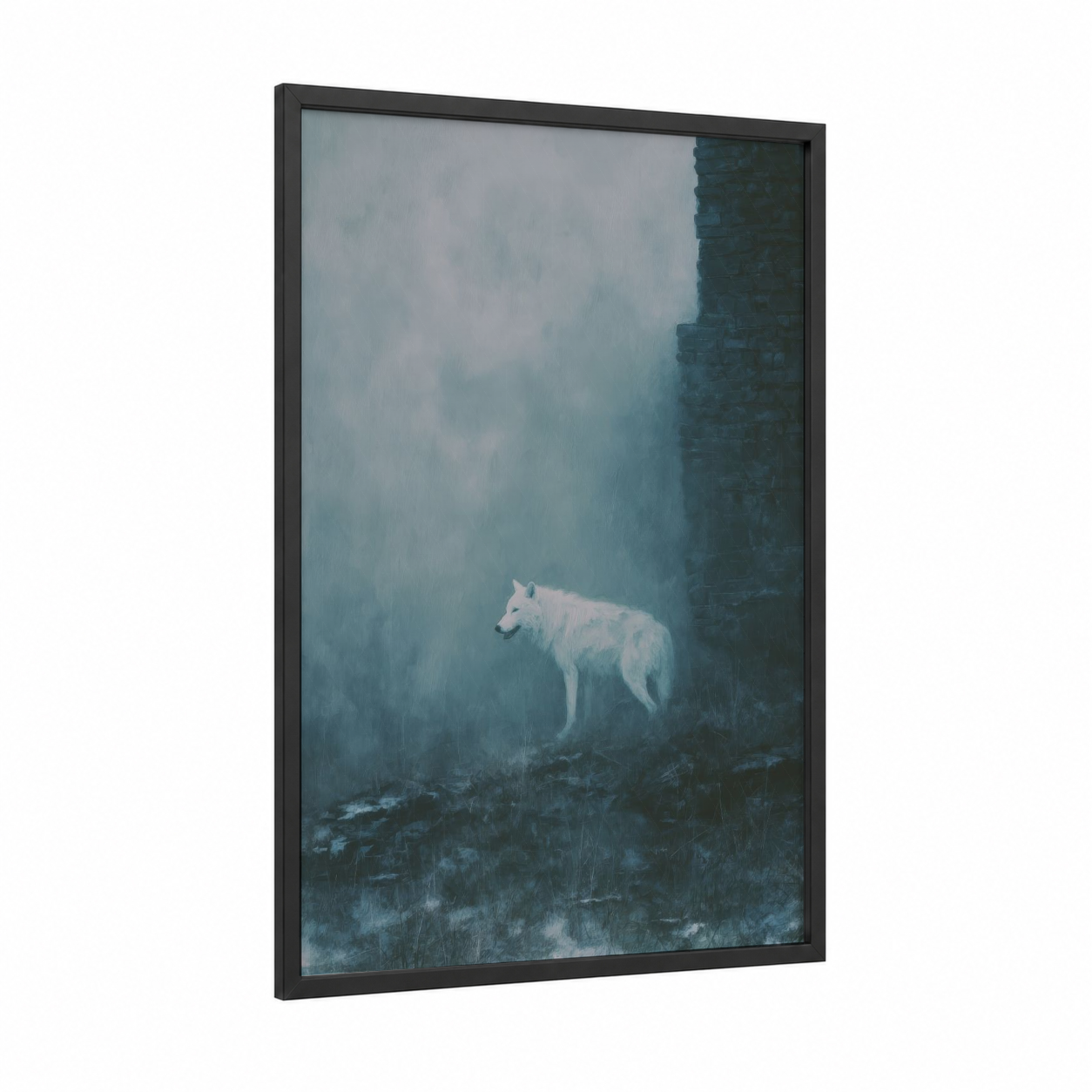 Misty Wolf Ruins framed art print — black wood frame — gray and blue and gray palette