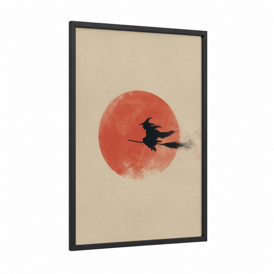 Crimson Witch Flight framed magic and witchcraft print — black wood frame — red and cream palette