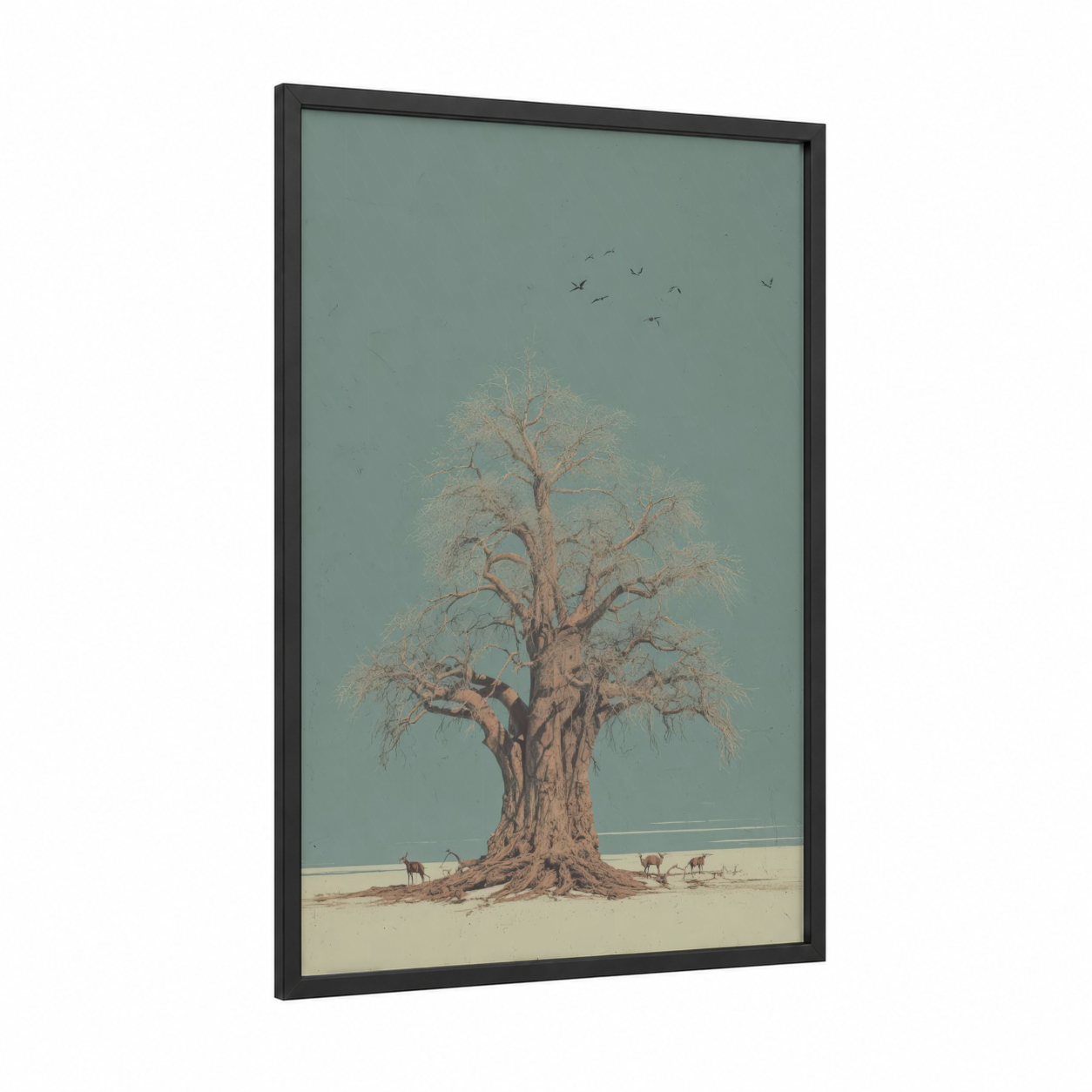 Solitary Desert Tree framed savanna and desert trees print — black wood frame — sage green and beige palette