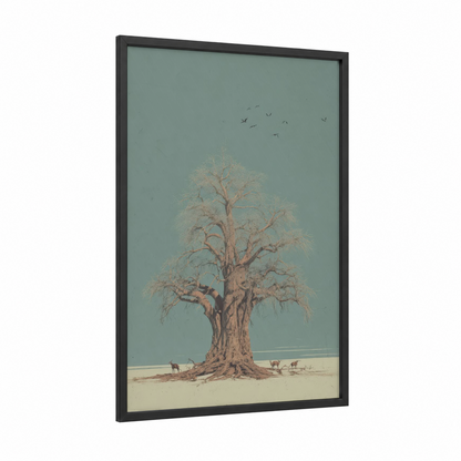 Solitary Desert Tree framed savanna and desert trees print — black wood frame — sage green and beige palette