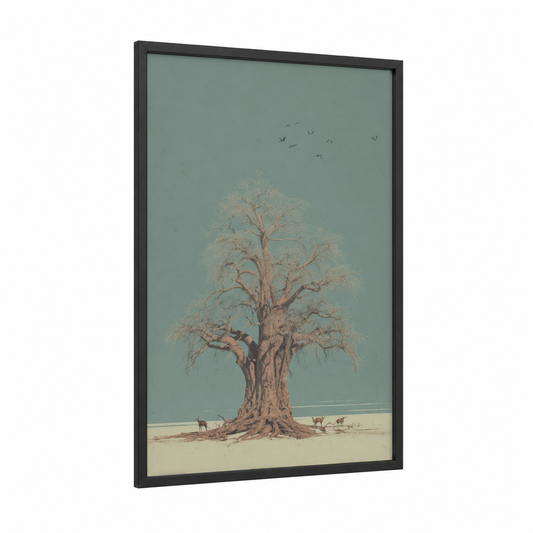 Solitary Desert Tree framed savanna and desert trees print — black wood frame — sage green and beige palette