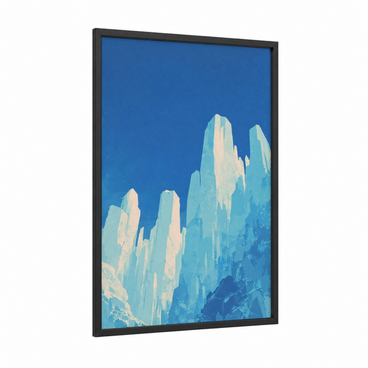 Frozen Glacier Spires framed ice climbing print — black wood frame — blue and blue and white palette