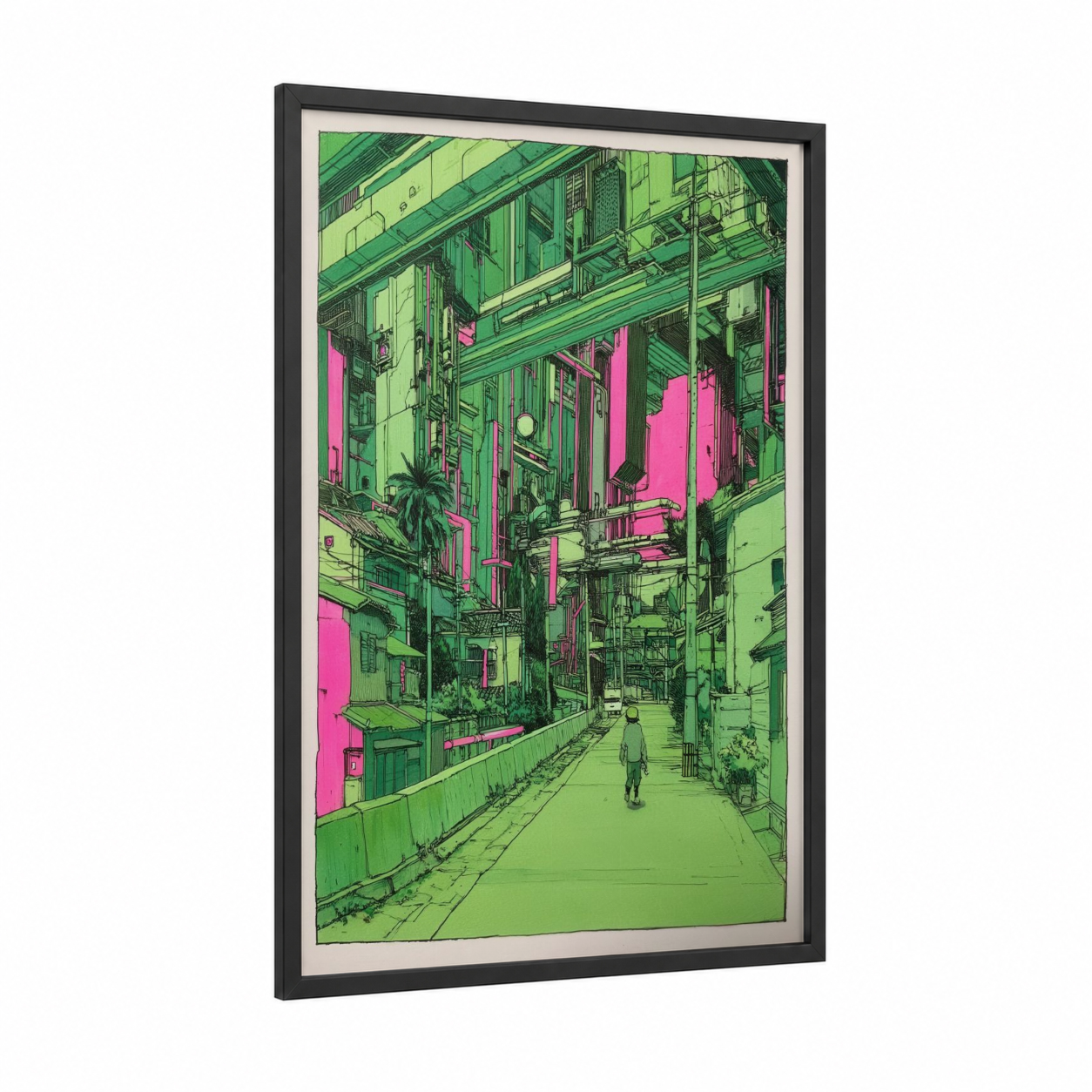Neon Alley Dreams framed abstract architecture print — black wood frame — green and magenta palette
