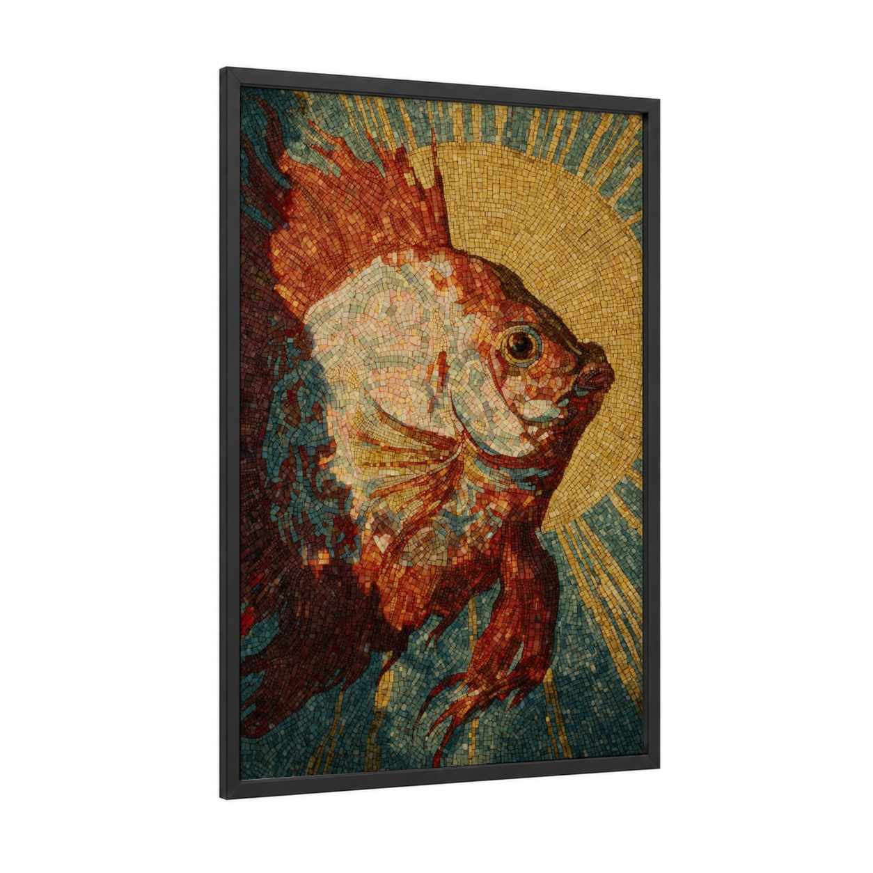 Golden Discus Fish framed art print — black wood frame — gold and teal palette