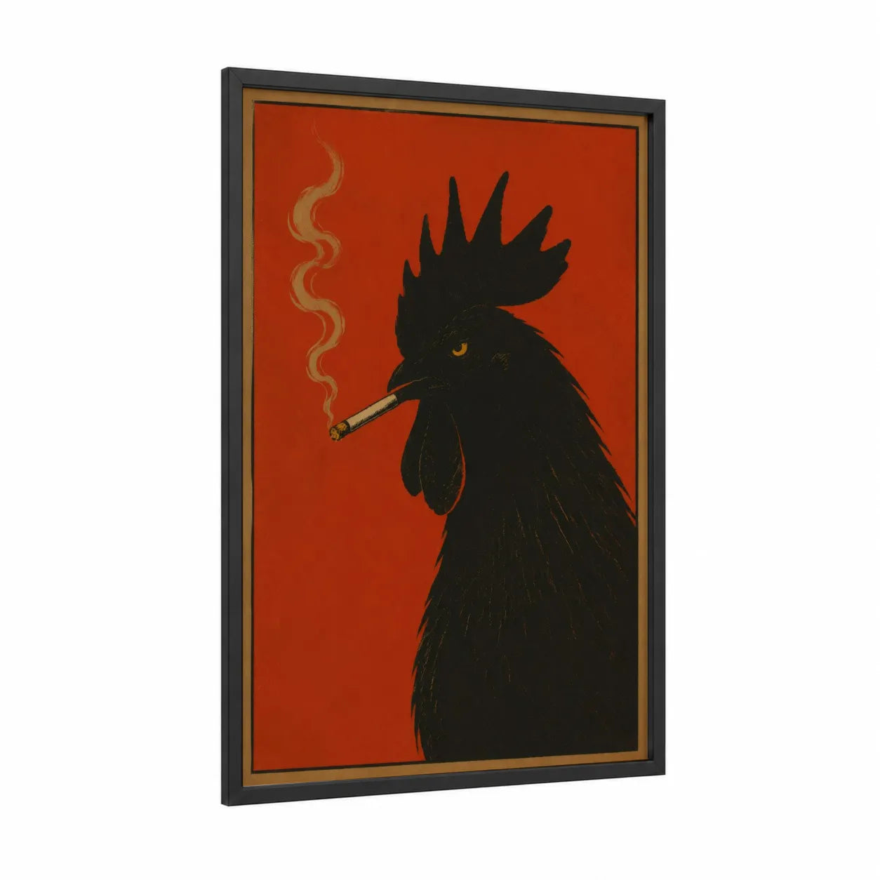 Rooster Smoking Cigar Wall Art framed chicken and roosters print — black wood frame — red and black palette