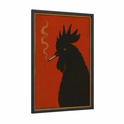 Rooster Smoking Cigar Wall Art framed chicken and roosters print — black wood frame — red and black palette