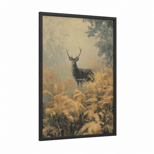 Autumn Stag framed art print — black wood frame — gold and gray palette