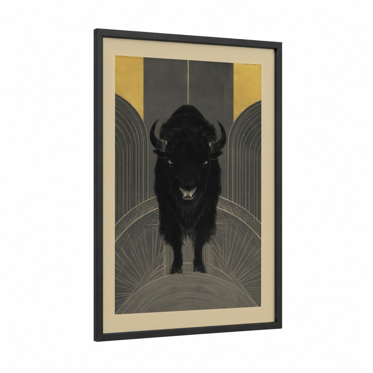 Sacred Bison framed art print — black wood frame — gold and black palette