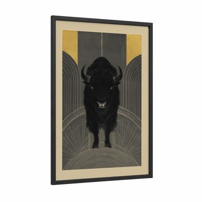 Sacred Bison framed art print — black wood frame — gold and black palette