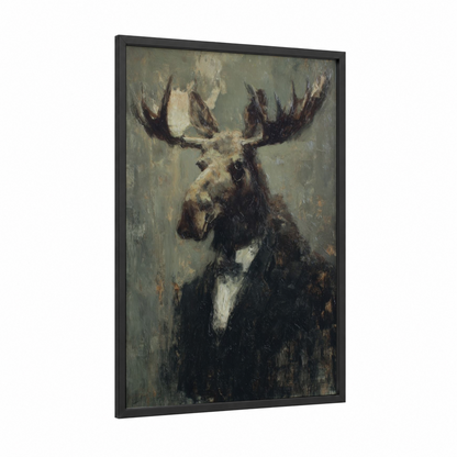Gentleman Moose framed art print — black wood frame — dove gray and black and white palette