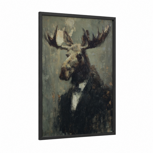 Gentleman Moose framed art print — black wood frame — dove gray and black and white palette