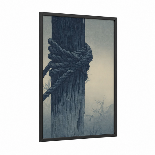 Weathered Rope Knot framed rope knots print — black wood frame — gray and black and white palette