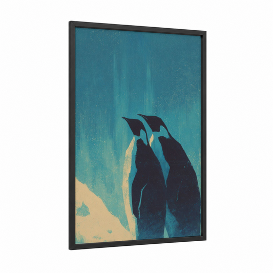 Penguin Pair framed animals in love print — black wood frame — teal and cream palette