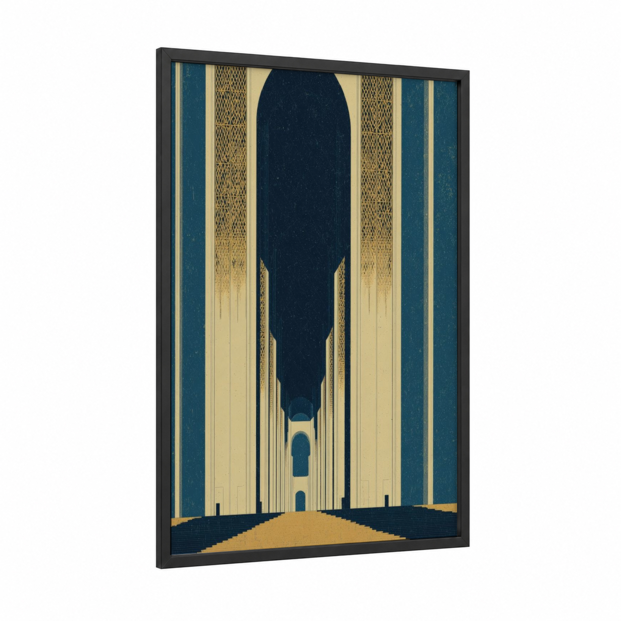 Symmetrical Bridge Portal framed bridges print — black wood frame — dark blue and gold palette