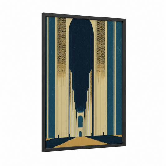 Symmetrical Bridge Portal framed bridges print — black wood frame — dark blue and gold palette